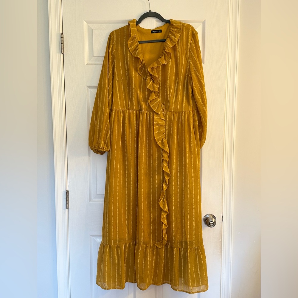 SHEIN Mustard Long Sleeve Ruffle Dress